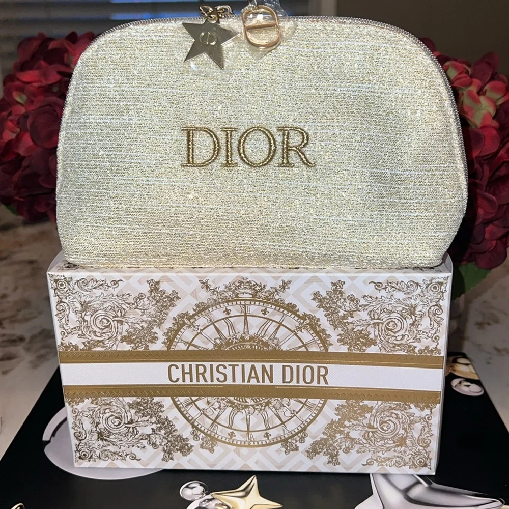 NIB DIOR Holiday 2024 Exclusive Gold Cosmetic Bag and j’adore bag charm bundle - Picture 2 of 7